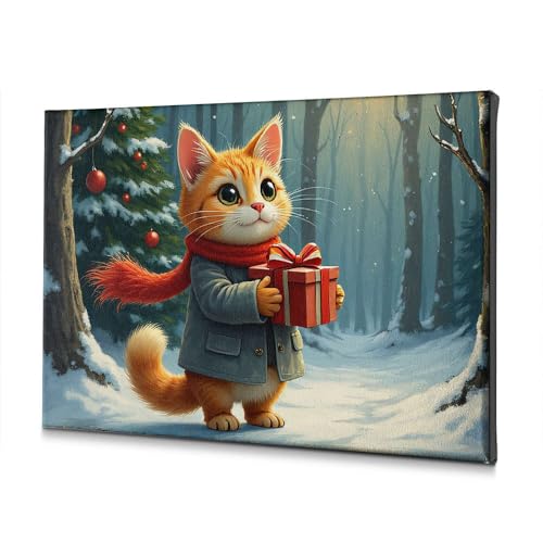 Tableau chat de Pâques sur toile décorative 30x40 cm forêt enneigée