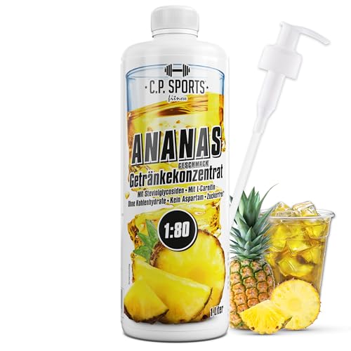 C.P. Sports Getränkesirup ANANAS für Mineraldrink I VITAMINE + ZUCKERFREI* I Getränkekonzentrat Sirup 1:80 zum Mixen mit Wasser für Vital-Drink Sport-Getränk I 1 Liter + Pumpspender