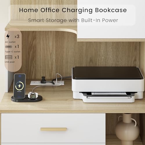 Image of ModernMate 74.4 inch Corner Bookshelf with 3 Drawers and Storage, Power Outlet