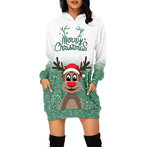 Weihnachtskleid Damen Sexy, Weihnachts Pullover Kleid Lustig Christmas Longpullover für Damen Langarm mit Weihnachten Motiv 3D Gedruckt...