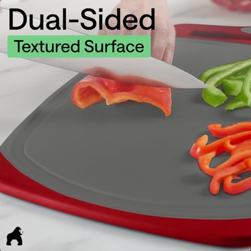 Image of GORILLA GRIP BPA-Free Reversible Kitchen Cutting Board Set of 3, US Designed, Nonporous, Juice Grooves Catch Liquid, Slip Resistant Border, Dishwasher Safe, Durable Large Food Chopping Boards,Gray Red