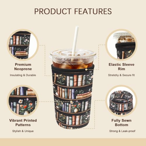 Image of Insulated Neoprene Cup Sleeve for Iced Coffee & Cold Soda - Reusable & Sweatproof, Keeps Drinks Cold Longer, Coffee Coolie for Hot & Iced Drinks (Bookshelf & Floral, Small: 16-18oz)