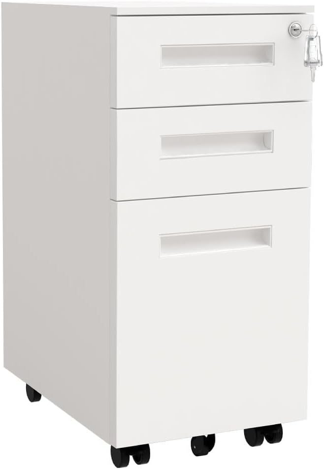 AKIRA Slim 3-Drawer Mobile Storage Cabinet White | Commercial Grade Locking Under Desk Pedestal (11.8" W) for Small Spaces and Office Organization, Model US-BW3-3LP-WH
