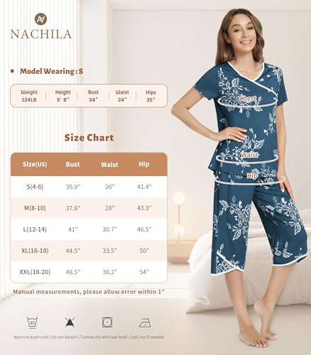 Image of NACHILA Bamboo Viscose Pajamas for Women Lace V Neck Capri Pants Pjs Set