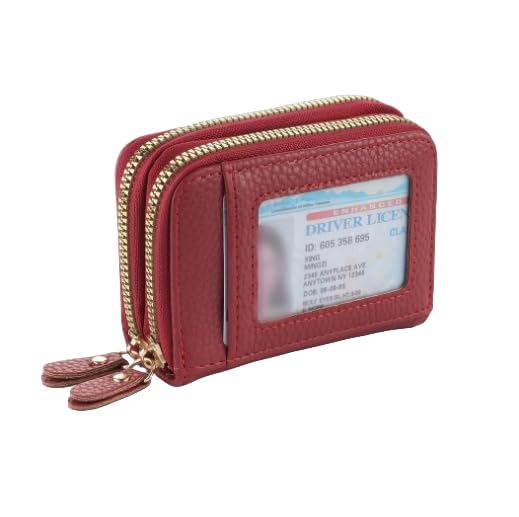 Compact Dual Zipper Wallet with Clear ID Window - Large Capacity Credit Card Holder for Women & Men, Coin Purse, Lightweight & Stylish for Everyday Use (Red)