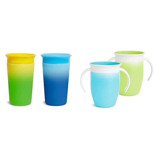 Munchkin Miracle 360 - Vaso para sorber que cambia de color, 9 onzas, paquete de 2, azulamarillo y Miracle 360 Trainer Sippy Cup con asas, a prueba