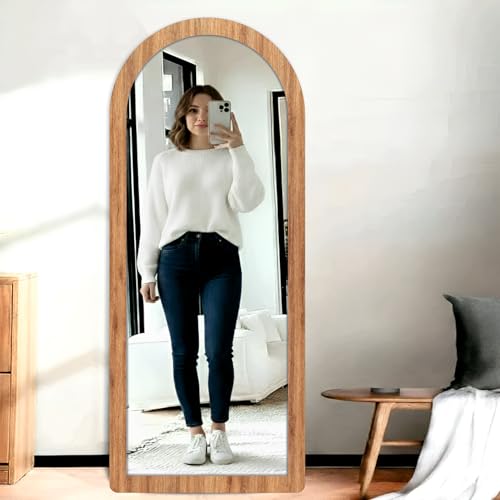 Image of Creative Arts n Frames 21 x 51 inch Full Length Dressing Chevel Long Fiber Wood Arch Framed HD Mirror Home Wall Living Room Decor Items (Natural Iqurel Oak Light Framed HD Arch Mirror)