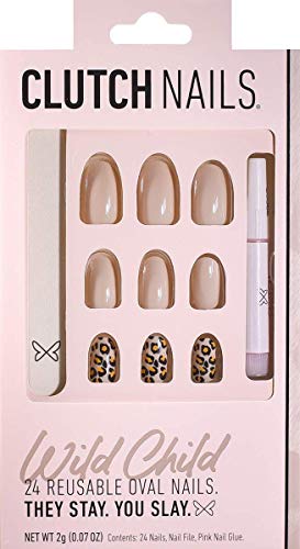 Clutch Nails: Wild Child - Press-On Nails Manicure Set - 24 Reusable Nails, Nail File and Pink Nail Glue - Stays on for 1-2 Weeks - Reusable Up to 5 Times - Natural Cuticle Lines - Cut and File