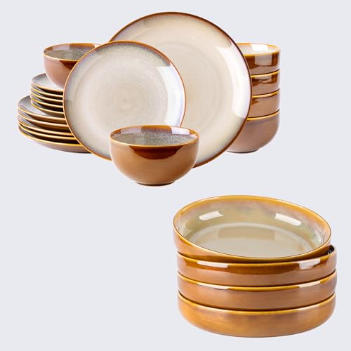 Image of LeRatio Ceramic Dinnerware Sets for 6,18-Piece Plates and Bowls,Handmade Reactive Glaze Dishes Set,Chip Resistant and Scratch Resistant | Oven Dishwasher & Microwave Safe,Service for 6-Kahki