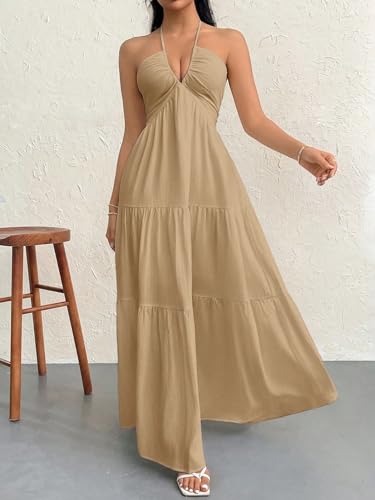 Image of Narecte Women's Maxi Summer Dresses Halter V Neck Beach Dresses for Women A-Line Casual Dress for Vacation