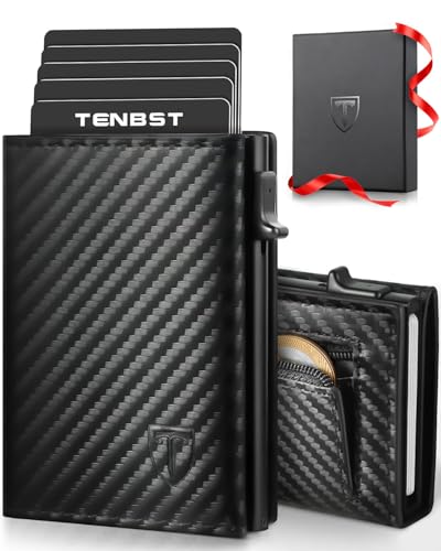 TENBST Geldbörse Herren - Kartenetui Ultra-Dünnes Portmonee Herren mit 10 Kartenfächern RFID Blockierende ID-Fenster Kartenetui Premium Carbonfaser Slim Wallet Geschenkbox (Carbon Schwarz)