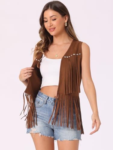 Image of Allegra K Women's Fringe Top Vest Open Front Western 70s Outfits Faux Suede Tassel Cardigan