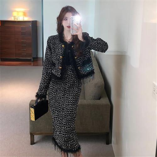Women's Vintage Tweed Two Piece Sets Outfits Chic Fringed Jacket Coat +Bodycon Long Skirt Skirt Suits4