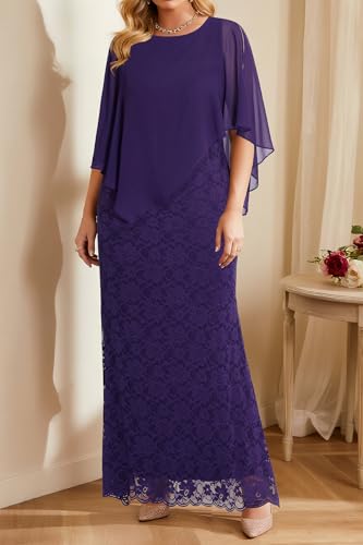 Image of Women's Plus Size Cape Dress with Chiffon Overlay Gown Formal Evening Lace Long Mermaid Dresses 2024