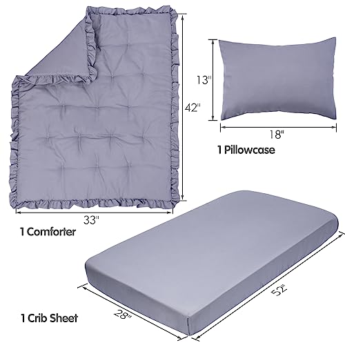 Image of JISEN 3 Piece Crib Bedding Set Soft Baby Crib Bedding Set Ruffle Crib Comforter Set - Crib Quilt Crib Sheet Pillowcase Nursery Bedding Sets for Baby Boys or Girls Grey