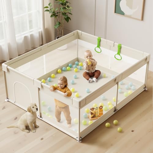 Fodoss Beige Parc Bebe 150X175cm -XXL Parcs Enfant Maille Respirante Parc de Jeux Bébé pour la Maison Centre d'activités