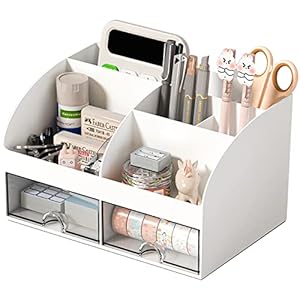 Desk Organizer with 6 Compartments and 2 Drawers, Plastic Makeup Organizer, Pen Holder for Desktop Storage, Desk Organization for School, Home, Office Supplies (White)
