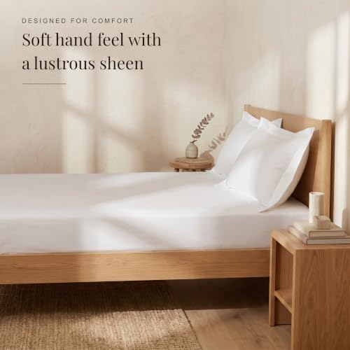 Image of Huesland 300 TC Premium 100% Pure Cotton Luxe Soft Touch Fitted Double Size Bedsheet Cotton with 2 Pillow Covers | White | 60 x 78 Inches
