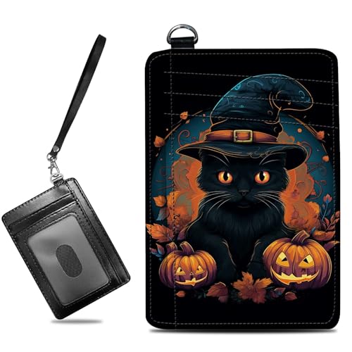 Image of Small Travel Wallets, Black Cat Halloween Slim Minimalist Front Pocket Wallet with Wristlet, RFID Blocking PU Leather Credit Card Holder with ID Window Change Purse for Men Women