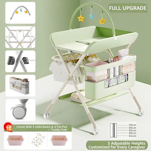 Image of Changing Table, Portable Baby Changing Table with Wheels, Upgraded Foldable Diaper Changing Station with 5-Level Adjustable Height & Large Nursery Organizer Storage for Newborn Infant (Green)