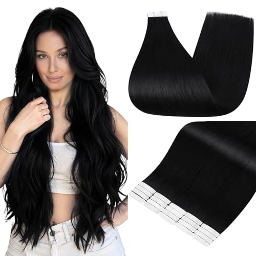 Image of Full Shine Hair Extensions Real Human Hair Tape in, Jet Black 24 Inch | 100g 40PCS, Invisible Brazilian Human Hair Tape in Extensions, Seamless Blending Glossy Finish Aesthetic Appeal