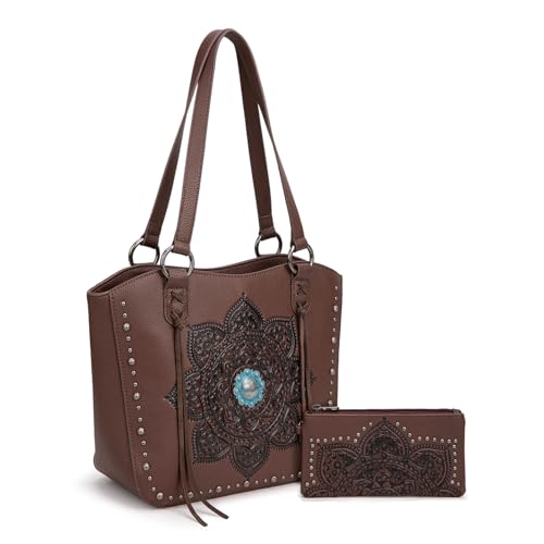 Image of Montana West Western Tooling Tote Bag with Wallet Set for Women Vintage Studded Top Handle Shoulder Handbag