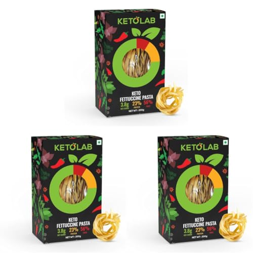 Image of Ketolab Keto Fettuccine Pasta (Flat noodles), 200 Gms, 3 Pack, 3.8g Net Carb & 23% High Protein /Serving, Identical to Regular Pasta, Low Carb, High Fibre, Low GI, Keto Diet, Diabetic Friendly