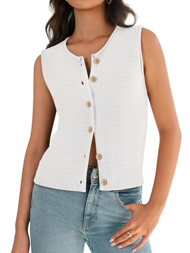 Womens Sweater Vest Casual Fashion 2025 Summer Round Neck Sleeveless Knitted Vest Tops for Women White S