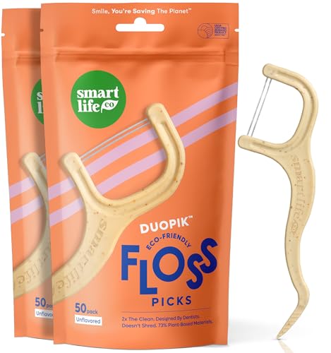 Image of SmartLifeco Eco-Friendly Dual-Thread Dental Floss Picks (100ct) - Flossers Made with Straw Wheat Blend, Superior Anti-Shred for Tight Gaps, Tooth Pick Stick for Adults, Soft on Gum & Teeth, Unflavored