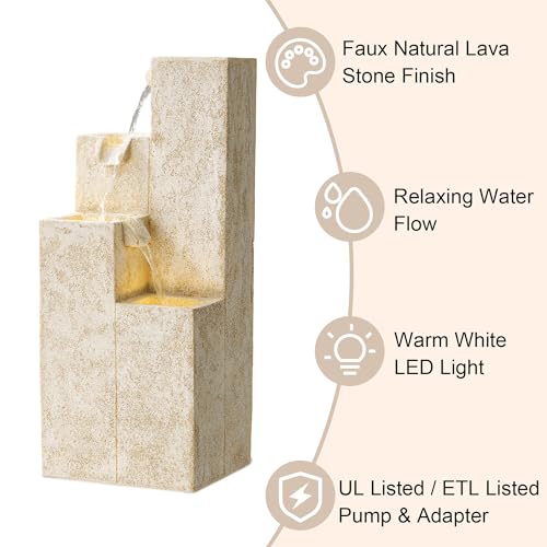 Glitzhome 34" H Outdoor Water Fountain with LED Light and Pump, 4-Tier Vintage Faux Terrazzo Geometric Square Column Polyresin Outdoor Floor Standing Fountain for Porch Deck Patio Backyard