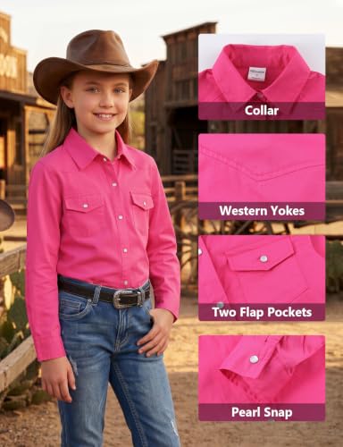 Image of Noomelfish Girls Long Sleeve Western Pearl Snap Button Down Shirt Cowgirl Outfits Blouse Tops (5-14 Years)