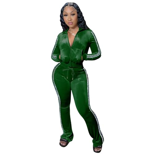 Two Piece Sexy Outfits for Women Womens 2 Piece Velour Jogger Tracksuit,Long Sleeve Full-Zip Up Velvet Crop Tops Jacket Flared Pants Matching Set Sportswear Sweatsuit Pockets Patchwork Glitter Stripe