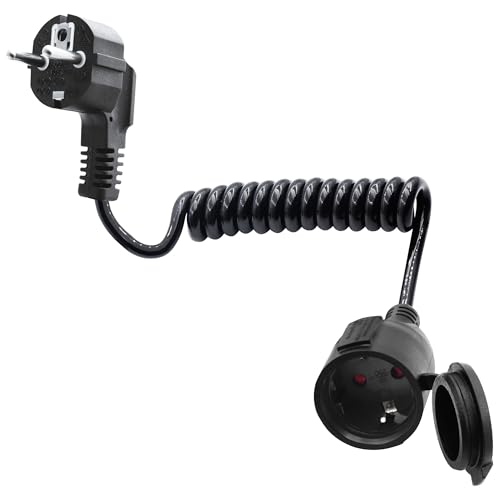 LANMINGLEL Cable Espiral de Contacto de Protección Extensible Schuko, Cable de Extensión Schuko,extensión de Enchufe de Cable de Red, 3x1,0 mm² 5A 230V IP44 para el hogar (90 Grados, Negro, 1)