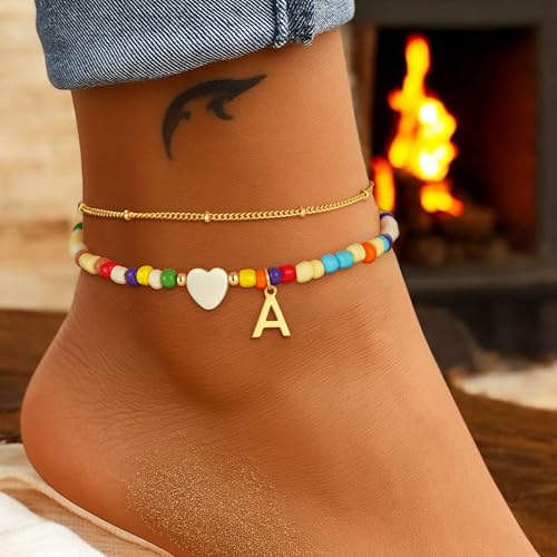 Image of Eaciy Colorful Initial Ankle Bracelets for Women - 14K Gold Plated Layered Heart Initial Anklets Bracelet Dainty A Letter Ankle Bracelet Colorful Layered Anklet Bracelet for Women