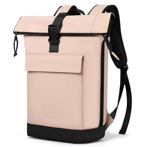 Lekeinchi Rolltop Rucksack Damen & Herren, Elegant Laptop Rucksack Wasserdicht mit 17 Zoll Laptopfach, Großer Reiserucksack Tagesrucksack Schulrucksack für Reisen, Uni Schule, Arbeit - Rosa