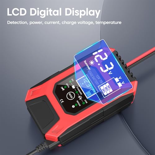 Image of Sounce Fully Automatic 7A 12V Car & Bike Battery Charger: Smart Battery Maintainer with Intelligent Digital Display & Multi-Protection: Compatible with AGM, Gel, Wet Lead-Acid, Calcium Batteries