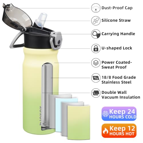 Image of BJPKPK 18 oz Water Bottle with Straw & Handle, Insulated Stainless Flask | Leak Proof Locking Lid, Thermal, Double Wall Vacuum, Keeps Hot /Cold, BPA Free, Dishwasher Safe, Travel & Sports, Lime
