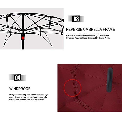MRTLLOA 40/49/56 Inch Oversize Windproof Inverted Reverse Upside Down Umbrella, Golf Size Rain Umbrella, Double Layer, C-Shaped Handle for Men, Women and Kids (Wine Red, 49 Inch)