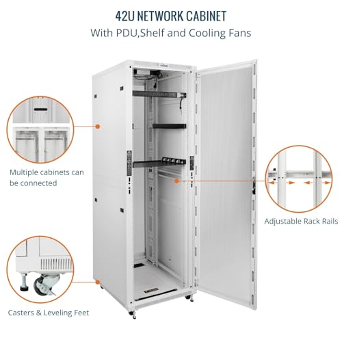 Image of Tecmojo 42U Server Rack Network Cabinet 31.5 inch D x 23.6 inch W, Locking Data Cabinet Enclosure for 19 inch Server, Networking, AV & IT Equipment, Mesh Door, White