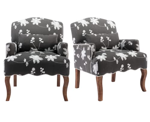 Shunzhi Linen Armchairs Set Of 2 Mid Century Modern Accent Chairs Retro Upholstered Vintage Floral Side Chairs Wood Comfy Reading Chairs Farmhouse Oversize Chairs For Living Room/Bedroom, Grey #TOP9