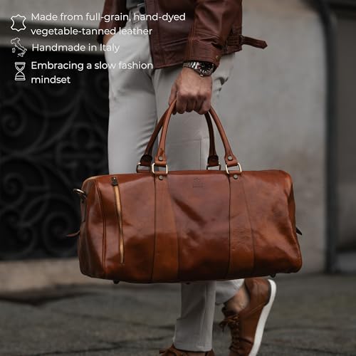 Image of Time Resistance Leather Duffel Bag - Large Weekend Gym Travel Bag (Cognac Brown)