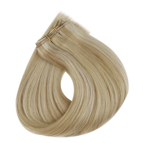 Image of Full Shine Sew In Weft Hair Extensions, 22 Inch 105G P27 /613 Blonde | Color Caramel Blonde Mix Platinum Blonde, Remy Human Hair, Invisible Weft, Daily Wear For Women