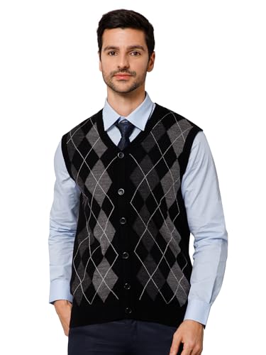 Image of Cantabil Geometric V Neck Sleeveless Regular Fit Men Maroon Casual Cardigan Sweater | Casual Winter Sweater for Men | Mens Sweater for Winter Wear (P MSWT00058 Black)