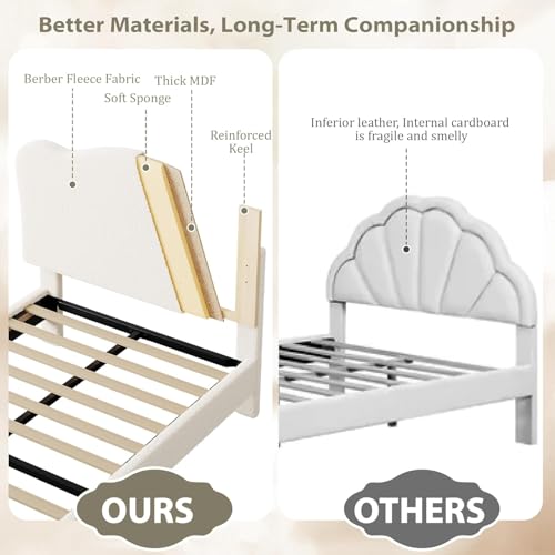 Image of GarveeHome Upholstered Twin Size Bed Frame for Kids with Scallop Headboard, Cute Velvet Twin Bed for Girls, Boys, Sturdy Platform Bed, No Box Spring Needed, Wooden Slats, Noise Free, Beige
