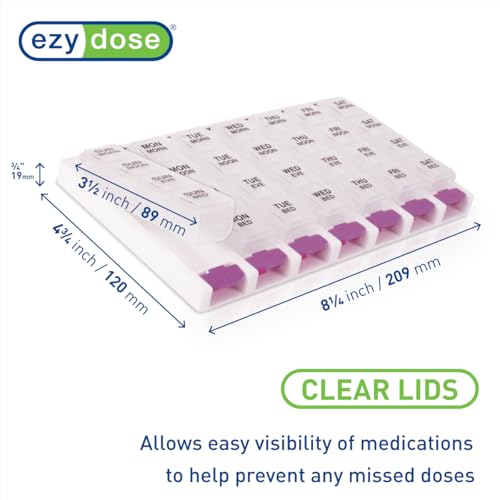 Image of Ezy Dose Push Button Weekly 7-Day, 4X Per Day Pill Organizer, Purple, Large | Weekly Pill Case, Medicine Planner, Daily Vitamin Organizer, 4 Times a Day, Arthritis Friendly Push Button Lids, BPA Free