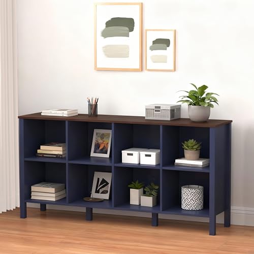 8-Cube Bookcase, Farmhouse Wooden Bookshelf Low Storage Organizer, 59" Horizontal