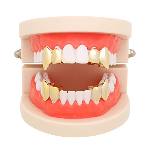 Huliyhus 2 Pcs 18K Gold Plated Double Tooth Cap Hip Hop Teeth Grillz Vampire Fangs Grills Set For Men Women Party Accessories Teeth Grills (01, Gold), Gold, Silver, Rose Gold, Black, One Size #TOP2