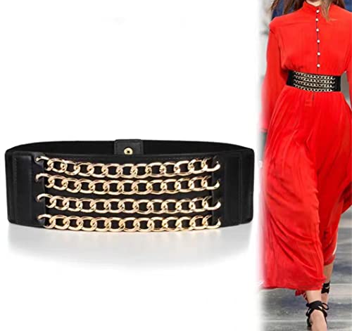Womens Wide Elastic Waist Belts For Dresses With 4rows Golden Ladies Punk Chain Cinch Waistbands Belt3