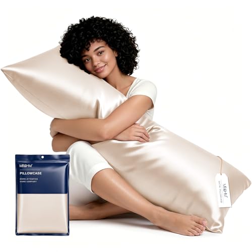 Image of MR&HM Satin Body Pillow Cover, Soft and Breathable Body Pillow Case with Envelope Closure, Cooling and Silky Long Pillowcase for Hair and Skin,Grey (20x54, Beige)