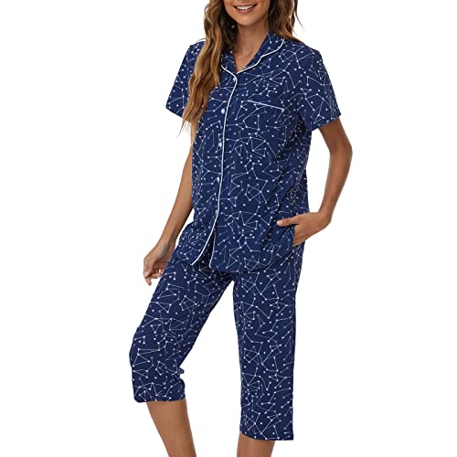 Image of Tugege Capri Pajamas Set Womens Button Down Short Sleeve Lounge Sets Sleepwear Notch Collar Top & Capri 2 Piece PJ Sets